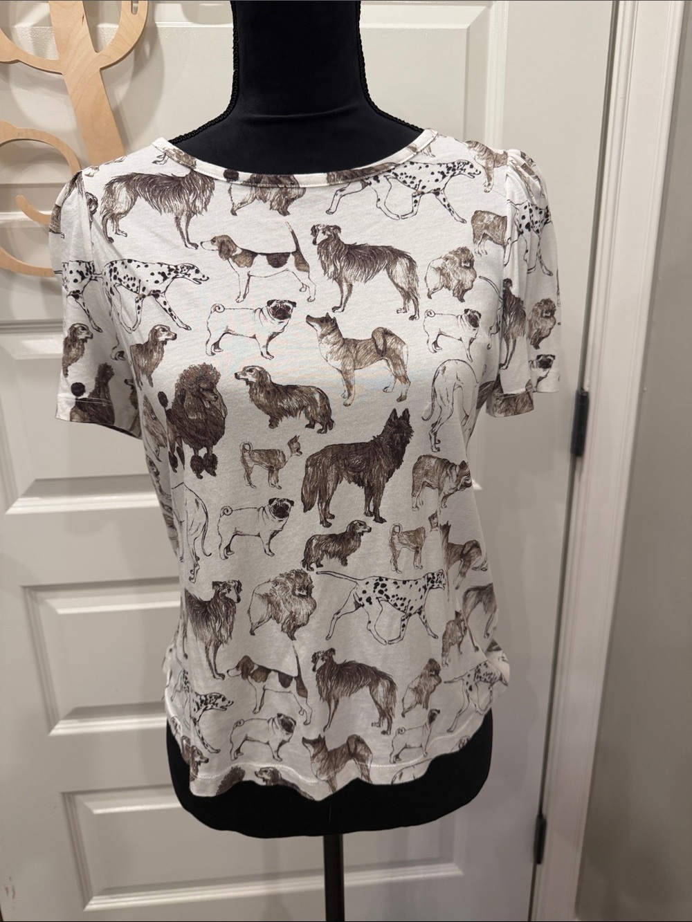Anthropologie White Tee with Brown and Black Dog Print